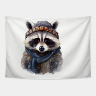 Raccoon in a warm hat and knitted scarf winter Tapestry