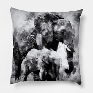 African Elephants with baby elephant calf - Black and White Watercolor Pillow