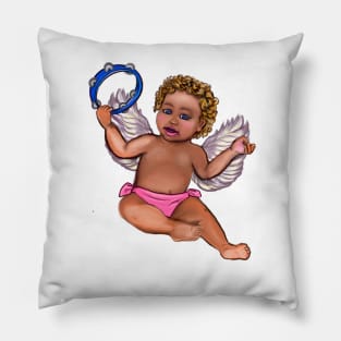 Curly haired Angel playing the tambourine- blissful Sun kissed curly haired Baby cherub angel classical art Pillow