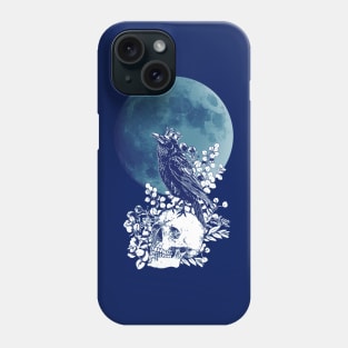 Blue raven and moon with skull and crow, skeleton eucaliptus leaves Phone Case