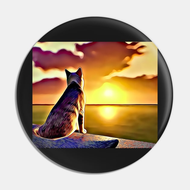 Cat Looking At Sunset - Cute Cat Lover Gift Pin by BubbleMench