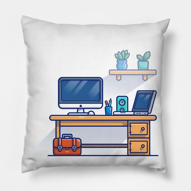 Desk, Monitor, Mouse, Stationary, Laptop, Speaker, Workbag And Plants Cartoon Pillow by Catalyst Labs