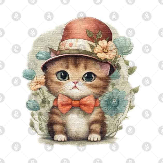 a cute little cat wearing a hat and a bow tie by JnS Merch Store