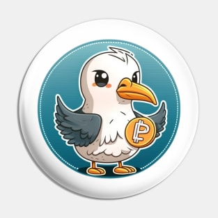 Whimsical Albatross Holding a Crypto Coin Pin