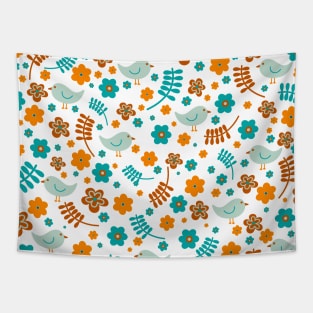 Cheerful Birds Retro Botanical Floral Pattern in Aqua Orange and White Tapestry