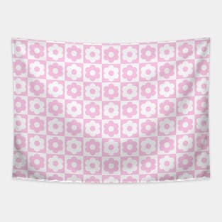 Pink and White Checkered Flower Pattern Tapestry