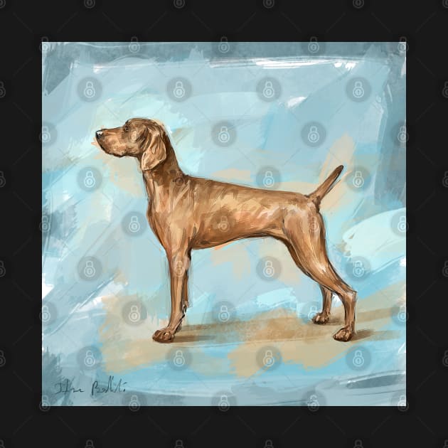 Painting of a Cute Weimaraner Standing and Looking to the Left. Blue Background by ibadishi