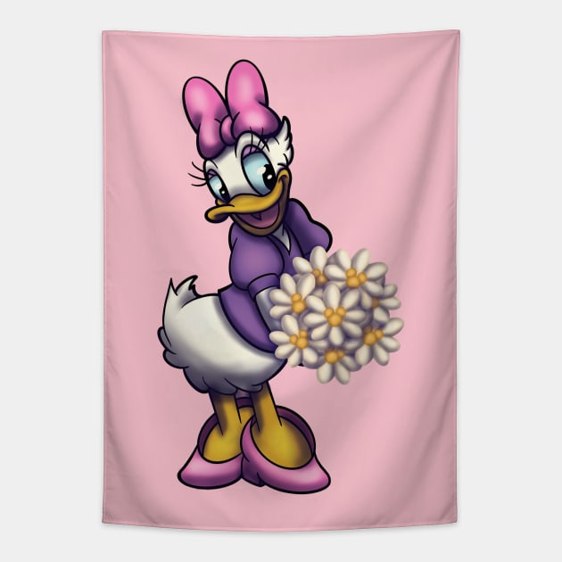 Daisy Duck with Bouquet of Daisies Tapestry by Art-by-Sanna