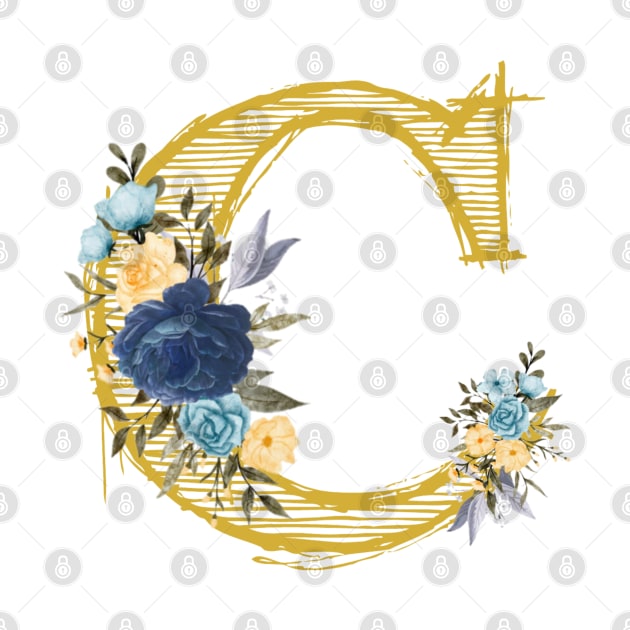 Monogram Letter C In Metallic Gold With Aesthetic Blue Flowers Botany by aspinBreedCo2