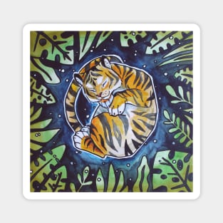 Hand drawing with watercolors "tiger sleeps in the jungle" Magnet