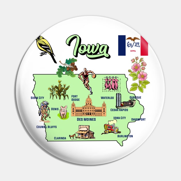 Tourist attractions map of Iowa state, USA, major cities, flag Pin by Mashmosh