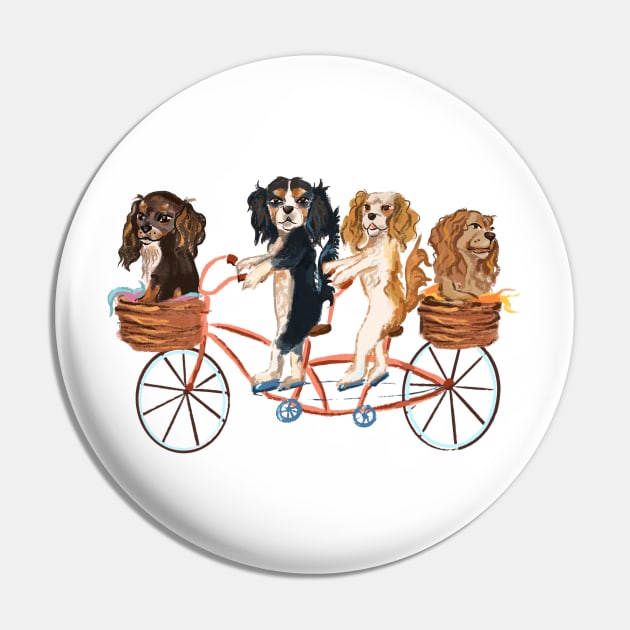 Four Cavalier King Charles Spaniels Riding a Bike Pin by Cavalier Gifts