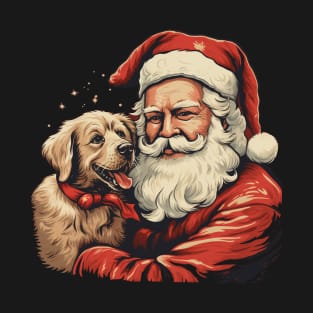 Merry Christmas Retro Santa Claus with Puppy Golden Retriever T-Shirt