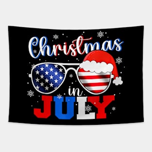 Christmas In July Santa Hat Sunglasses USA Flag 4th of July Tapestry