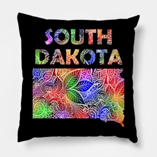 Colorful mandala art map of South Dakota with text in multicolor pattern Pillow