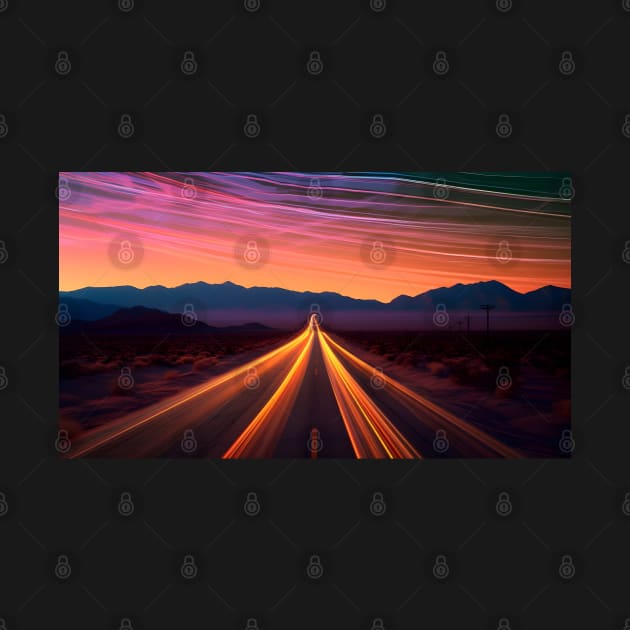 Desert Highway to Infinity Under Vibrant Twilight Skies by AIHRGDesign