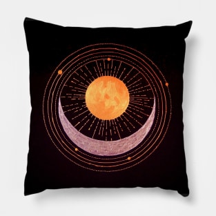 Sun and crescent moon gold silver on black Pillow