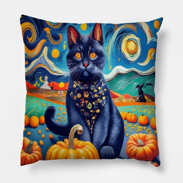 Cat Van Gogh Style Halloween Pumpkins Pillow by albaley