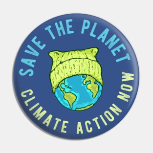 Green Cat Hat Earth - Save the Planet - Climate Action Now Pin