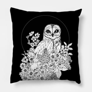 Owl Floral Eclipse - Black and White Pillow