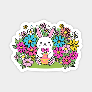 Adorable cartoon easter bunny holding a colourful egg surrounded by flowers Magnet