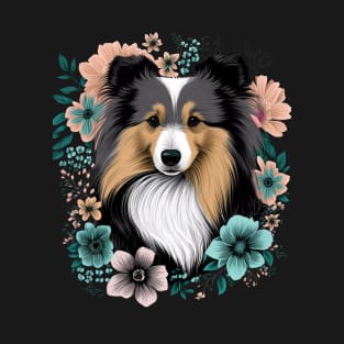 Cute Sheltie Dog Floral Art Spring Flower Garden Black T-Shirt