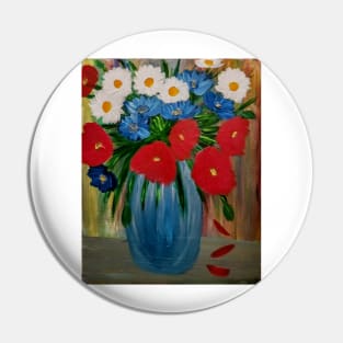 Some poppies and carnations flowers in a metallic blue vase Pin