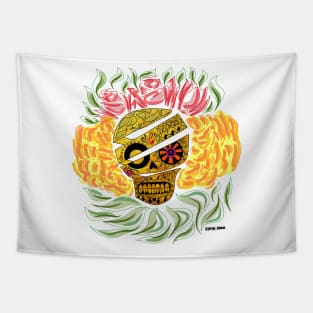 the golden skull in floral mexican art Tapestry