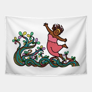 Happy cheerful black African woman. Mental health, wellness and relaxation in nature. Tapestry