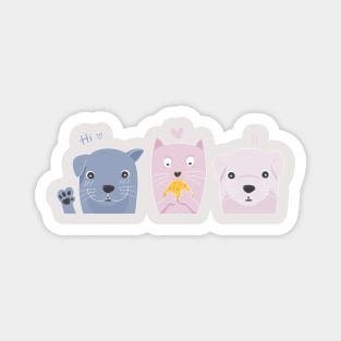 Pastel doodle of cute puppys and a kitten eating pizza. Magnet