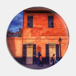 Sunny Days and Blue Skies on a New Orleans French Quarter Street with Orange Iconic Architecture and Nola People Walking in Southern Louisiana Pin