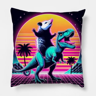 Weird Funny Opossum, Retro Synthwave, Riding T-Rex Dinosaur, Dark Humor Possumcore Pillow