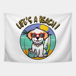 Funny happy dog is chilling on the beach Tapestry