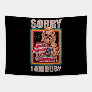 Sorry I Am Busy Woman Skeleton With Phone In Vintage Cracked Style Tapestry