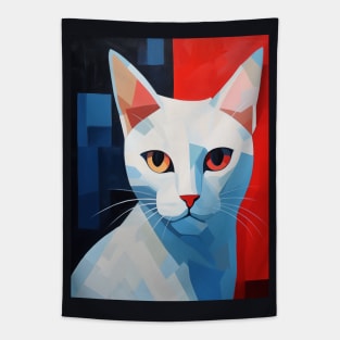 White Cubism Cat Tapestry