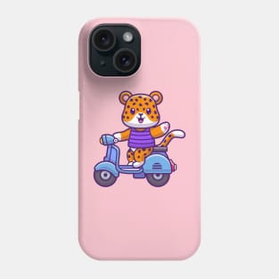 Cute Cheetah Tiger Riding Scooter And Waving Hand Cartoon Phone Case