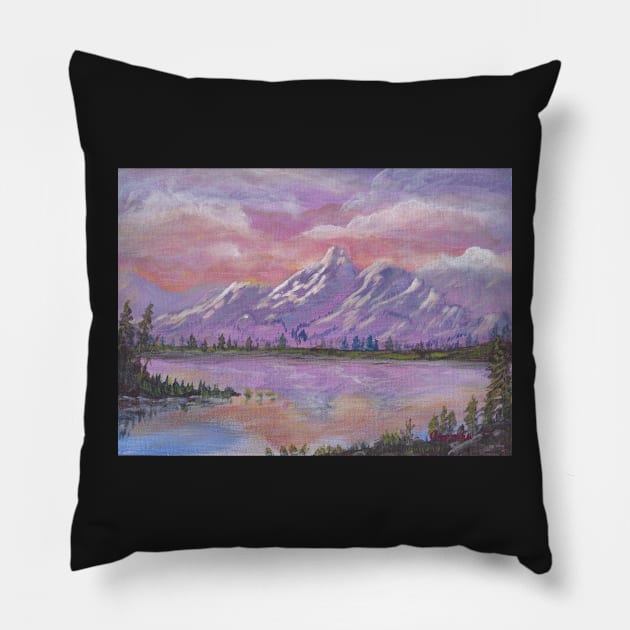 Mountain Glory Sunrise Landscape Painting Pillow by Aryxaba