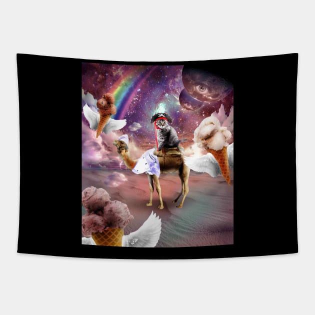 Cat Riding Camel With Flying Space Ice Cream Tapestry by Random Galaxy