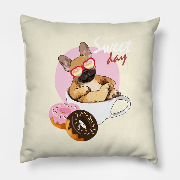 French bulldog donuts and coffee for a sweet day Pillow by Collagedream