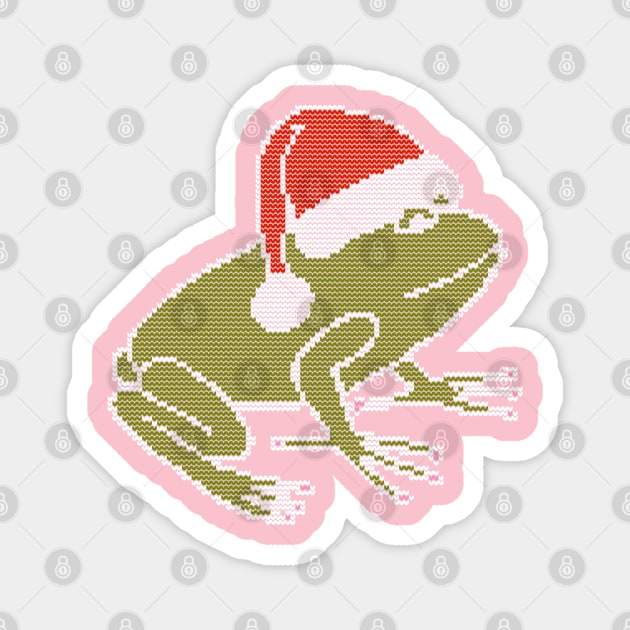 White Line Knitted Frog Wearing Christmas Santa Hat Magnet by ellenhenryart