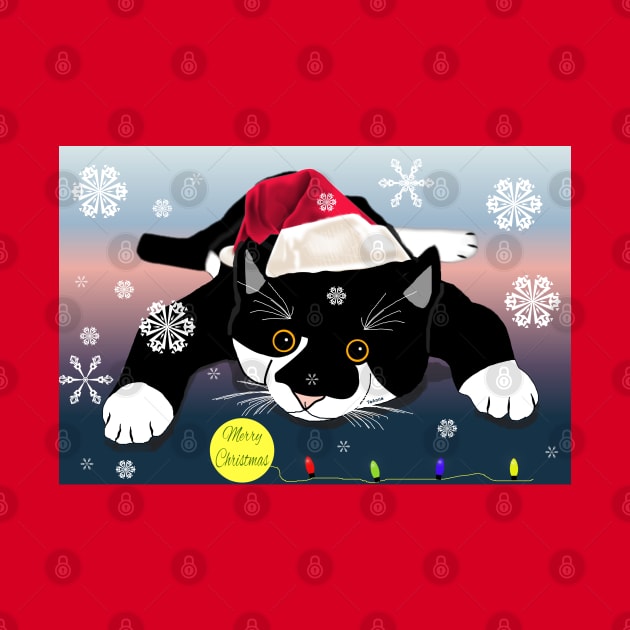 : Cute Tuxedo cat wishing Merry Christmas or Merry Catmas .Copyright TeAnne by TeAnne