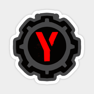 Red Letter Y in a Black Industrial Cog Magnet