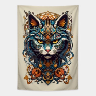 Devious Cat retro vintage tribal art aesthetic design Tapestry