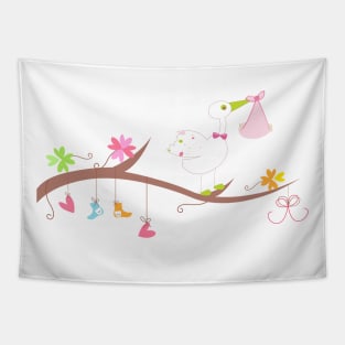 Baby arrival card with hearts, flower, clothes and stork Tapestry