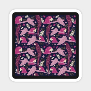 Ara Parrot Tropical Leaves Pink on Dark Blue Magnet