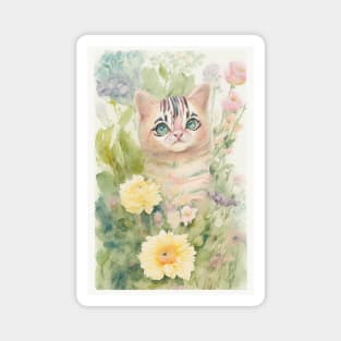 Striped Cat in the Flower Garden Soft Pastel Colors Magnet