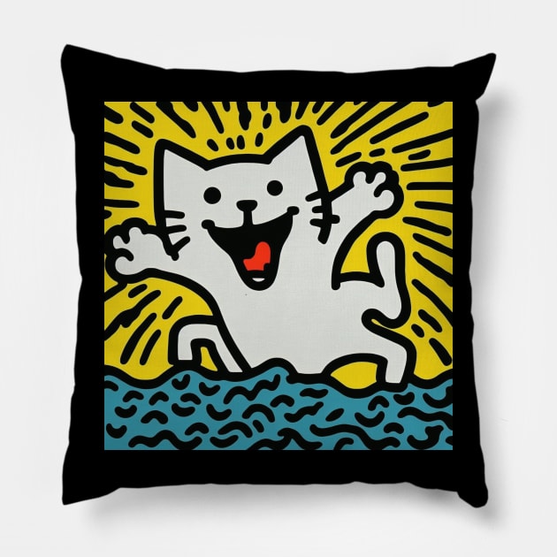 Funny Keith Haring, Happy Cat Pillow by Art ucef