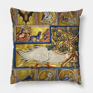 MEDIEVAL BESTIARY, CALADRIUS BIRD,FANTASTIC ANIMALS IN GOLD RED BLUE COLORS Pillow