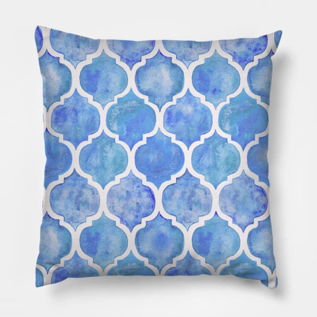 Cornflower Blue Moroccan Watercolor Pattern Pillow by micklyn