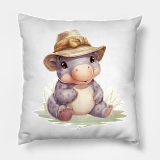 Hippopotamus in Straw Hat Pillow